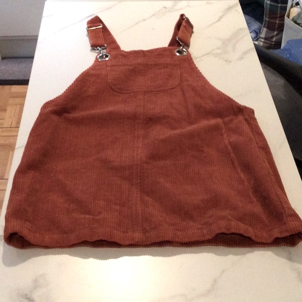 Forever 21 rust overall corduroy mini dress, size small.